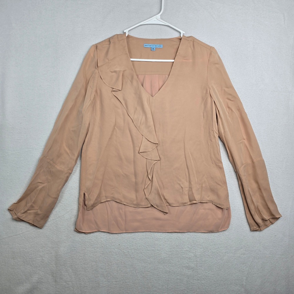 Antonio Melani 100% Silk Ruffle V Neck Long Sleeve‎ Blouse Top Peach XS lined